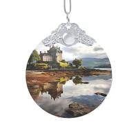 Christmas Ornaments Scotland Castle Water Lake Scottish Round Hanging Ornaments with Gold Ribbon Christmas Tree Hanging Ornament Funny Porcelain Pendant Crafts Xmas Ornament for Holiday Party