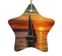 Christmas Ornaments Sunrise Sailing Boat Christmas Tree Ceramic Hanging Ornaments with Gold Ribbon Holiday Ornament Crafts Double-Sided Hanging Porcelain Pendants for Party Xmas