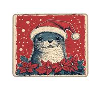 Christmas Otter Desk Mouse Pad, Red Cute Sea Animal Poinsettia Mousepad, Rubber Non-Slip Washable Gaming Mouse Pad for Home and Office Computer, Laptop Square 8x10 Inch
