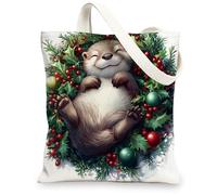 Christmas Otters Canvas Tote Bag for Shopping 13 * 15, Fun Xmas Hollies Berries Reusable Grocery Shoulder Cloth Bag for Women, Animal Painting Gift Decor