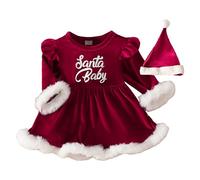 Christmas Outfit Girl - Long Sleeve Toddler Santa Print Dress with Hat - Baby Christmas Outfit for Baby Girl Ages 0-2 Years Old, Christmas Romper Baby Girl for Winter, Cosplay Xistuoz