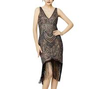 Christmas Outfits 1920 Gala Party Dress Party Gathering Sequin V Neck Fringe Dresses(Black,L)
