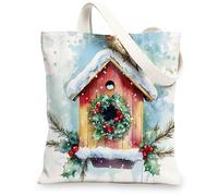 Christmas Owl Bird Canvas Tote Bag for Shopping 13 * 15, Fun Watercolor Birdhouse Reusable Grocery Bag for Women, Winter Travel Pattern Gift Decoration