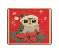 Christmas Owl Desk Mouse Pad, Red Holiday Poinsettia Design Stitched Edge Mousepad, Rubber Non-Slip Washable Gaming Mouse Pad for Home and Office Computer, Laptop Square 8x10 Inch