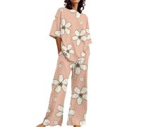 Christmas Pajamas For Family Women Suitable Summer O Neck Loose Short Sleeve Floral Print Top Shirt With Pants Large Size 2 Set Womens Summer Pajamas Silk Pj For Women Set (Rose Gold, M)