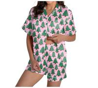 Christmas Pajamas Women Set Silk 2 Piece Short Sleeve Button Down Shirt Shorts Xmas Sets Comfy Satin Pjs 2024 New