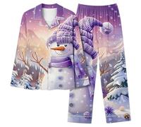 Christmas Pajamas Women Xmas Pyjamas Set Long Sleeve Button Down Shirt and Trousers 2 Piece Pj Set Xmas Tree Snowflake Snowman Plaid Print Sleepwear Soft Comfy Loung Wear Sets Xmas Festival Loungewear