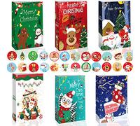 Christmas Paper Gift Bags, AUERVO 24 Pcs Xmas Gift Paper Bags 6 Christmas Themed Designs with 24 Calendar Stickers for Xmas Party Favors and Decorations