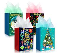 Christmas Paper Gift Bags,Xmas Gift Bags with Handles,Recyclable Xmas Gift Wrap for Holidays Presents,Peacock Blue Tree Reindeer Gold Christmas Wrapping Bag(4PCS 18CM Medium)