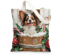 Christmas Papillon Dog Canvas Tote Bag for Shopping 13 * 15, Cute Xmas Wood Reusable Grocery Bag for Women, Pet Work Travel Painting Gift Decor