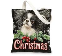 Christmas Papillon Dog Canvas Tote Bag for Shopping 13 * 15, Fun Xmas Hollies Reusable Grocery Shoulder Cloth Bag for Women, Pet Painting Gift Decor