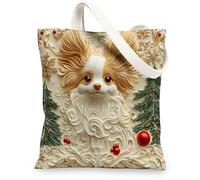 Christmas Papillon Dog Canvas Tote Bag for Shopping 13 * 15, Fun Xmas Luxury Reusable Grocery Shoulder Cloth Bag for Women, Pet Painting Gift Decor