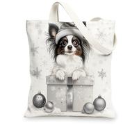 Christmas Papillon Dog Canvas Tote Bag for Shopping 13 * 15, Luxury Xmas Gifts Reusable Grocery Shoulder Cloth Bag for Women, Pet Painting Gift Decor
