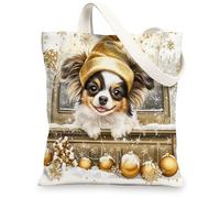 Christmas Papillon Dog Canvas Tote Bag for Shopping 13 * 15, Luxury Xmas Truck Reusable Grocery Shoulder Cloth Bag for Women, Pet Painting Gift Decoration