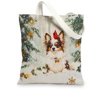 Christmas Papillon Dog Canvas Tote Bag for Shopping 13 * 15, Xmas Cardinal Snowy Reusable Grocery Shoulder Cloth Bag for Women, Pet Painting Gift Decor