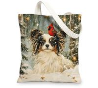 Christmas Papillon Dog Canvas Tote Bag for Shopping 13 * 15, Xmas Cardinal Snowy Reusable Grocery Shoulder Cloth Bag for Women, Pet Painting Gift Decoration