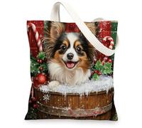 Christmas Papillon Dog Canvas Tote Bag for Shopping 13 * 15, Xmas Farmhouse Plaid Reusable Grocery Shoulder Cloth Bag for Women, Pet Painting Gift Decoration