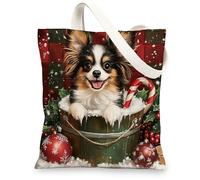 Christmas Papillon Dog Canvas Tote Bag for Shopping 13 * 15, Xmas Farmhouse Plaid Reusable Grocery Shoulder Cloth Bag for Women, Pet Painting Gift Decor
