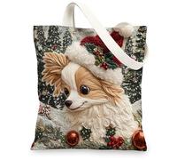 Christmas Papillon Dog Canvas Tote Bag for Shopping 13 * 15, Xmas Novelty Tree Reusable Grocery Shoulder Cloth Bag for Women, Pet Painting Gift Decor