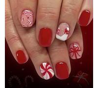 Christmas Party 24PCS Red Snowflake Glitters Designs Durability ABS Fake Nails For Christmas Celebrations Cane Fake Nail