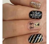 Christmas Party Black Gold White Striped Reindeer Snowflake Short Square False Nails With Glitters Design Fake Nail Short Square