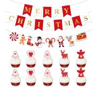 Christmas Party Decorations,1 Set Merry Christmas Banner Garland 10 Pcs Xmas Cupcake Toppers Red and White Cute Party Decoration Set for Kids Winter Holiday Birthday Party Favor Supplies