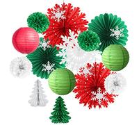 Christmas Party Decorations Indoor Red White and Green Christmas Decorations Hanging Paper Snowflakes White Fans Paper Tree for Bridal Shower Baby Shower Birthday Party Decorations