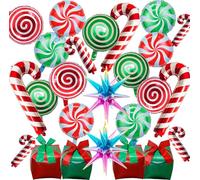 Christmas Party Decorations Set, 25 Pcs Christmas Round Candy Cane Gift Box with Rainbow Explosion Star Mylar Foil Balloons, Red Green Xmas Foil Balloons Kit for New Year Sweetland Theme Party Decor