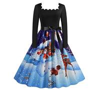 Christmas Party Dress Square Neck Swing Dress for Women UK Clearance Long Sleeve Xmas Printed Long Dress Waist A Line T Shirt Christmas Dresses for Girls Cocktail Dresses Pron Dress Loungewear