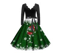 Christmas Party Dresses for Women, Ladies Christmas Dress Plus Size, Cocktail Swing Dress Retro Long Sleeve Dress Flare Vintage Hepburn Dresses Christmas Costumes for Party Prom Cocktail