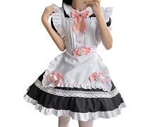 Christmas Party Dresses Women Girls Black Gothic Dress Short Sleeve Polyester Pleated Dress with Bow Cat open Chest Costume Cat Girl Sexy Lolita Anime Cute Soft Girl Clothes(Black,L)