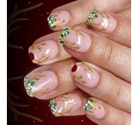 Christmas Party Fake Nails 24Pieces Golden Deer Leaf Patterns Easy Application Holiday Glitters Manicure Accessories Festive Red Press On Nail