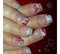 Christmas Party Glittering Fake Nails Short Oval French Styles Snowflake Cane Pattern Easily Wear Holiday Party Glittering Fake Nail