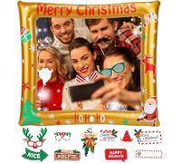 Christmas Party Photo Booth Props Frame With 38Pcs Photo Booth Prop, Gold Christmas Inflatable Photo Frame, Xmas Party Props, Blow Up Picture Selfie Props Accessories for Xmas Holiday Decor