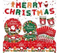 Christmas Party Plates and Napkins Set - Christmas Santa Claus Tree Supplies Xmas Red Green Paper Dinner Tableware Merry Banner Party Decorations for 16Guests Dinnerware