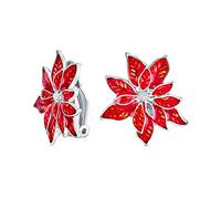 Christmas Party Red Enamel Statement Flower Shape Poinsettia Clip On Earrings for Women with Non-Pierced Ears - Silver Plated Edge