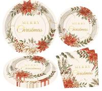 Christmas Party Supplies 96 Pcs Merry Christmas Plates and Napkins Retro Berry Holly Leaf Dinner and Dessert Plates for Xmas Holiday Decorations Serve 24 Guests