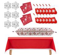 Christmas Party Supplies, Christmas Dining Table Décor Set - Red Table Cloth, Reindeer Table Runner, Xmas Design Paper Napkins, Red Cutlery Holder and Napkin Rings For Xmas Table Decoration - Set 3