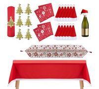 Christmas Party Supplies, Christmas Dining Table Décor Set - Red Table Cloth, Reindeer Table Runner, Xmas Design Paper Napkins, Red Cutlery Holder and Napkin Rings For Xmas Table Decoration - Set 6