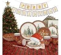 Christmas Party Supplies Tableware Dinner Set - Disposable Dinnerware for 12 Guests - 62pcs Includes Xmas Hats, Paper Plates, Cups, Napkins & Tablecloth - Holiday Party Decorations for Family Friends
