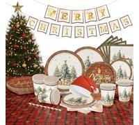 Christmas Party Supplies Tableware Dinner Set - Disposable Dinnerware for 12 Guests - 62pcs Includes Xmas Hats, Paper Plates, Cups, Napkins & Tablecloth - Holiday Party Decorations for Family Friends