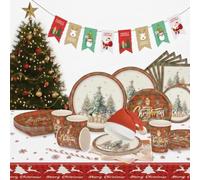 Christmas Party Supplies Tableware Dinner Set - Disposable Dinnerware for 24 Guests - 122pcs Includes Xmas Hats, Paper Plates, Cups, Napkins & Tablecloth - Holiday Party Decorations for Family Friends
