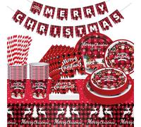 Christmas Party Supplies Tableware Set Christmas Plates and Napkins Tablecloths Ribbons Merry ChristmasBanners, For Dinner Party Decorations