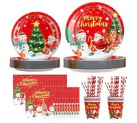 Christmas Party Tableware Set, 128 Pieces Christmas Party Accessories with Paper Plates, Napkins, Paper Cups, Paper Pipette, Knife, Fork Spoon, Christmas Party Paper Tableware Set (16 Guests)