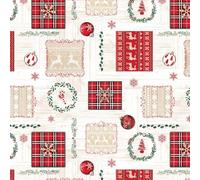 Christmas Patchwork Red Trees PVC Table cloth Off White Beige Stag Red Tartan Check Green Wreath PVC Plastic Vinyl Oilcloth Wipe Clean Party Table Cloth (190cm x 140cm 75" x 54" inches Rectangle)