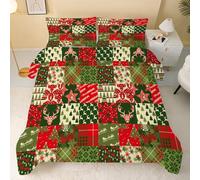 Christmas Patchwork Single Duvet, Reversible Coverless Reindeer Tree Snowflakes Duvet Single, Anti Allergy Bed Quilt 7.5 Tog for All Seasons - 1 Soft Washable Comforter Bedding with 2 Pillowcases