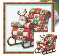 Christmas Patchwork Sleigh Cross Stitch Kit for Adults Beginners, 11CT Stamped DIY Embroidery Set, Quilted Santa Sledge, Festive Needlepoint Craft for Holiday Home Decor - 40x40cm