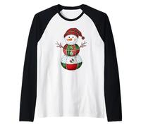 Christmas Patchwork Snowman Plaid Buttons Winter Raglan Baseball Tee