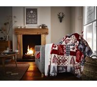 Happy Linen Company Christmas Patchwork Festive Faux Fur Sherpa Fleece Throw - Large, Red
