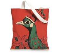 Christmas Peacocks Bird Canvas Tote Bag for Shopping 13 * 15, Vintage Xmas Poinsettia Reusable Grocery Bag for Women, Winter Travel Painting Gift Decoration